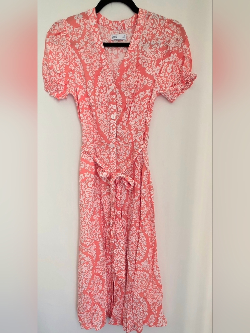 ☆ Coral Pink Floral Button Up Midi Dress w/Tie Waist Size XS
